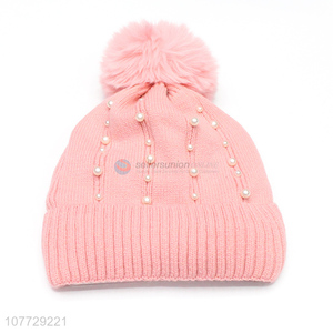 Factory price women winter fleece lined knitting hat pompom hat with pearls