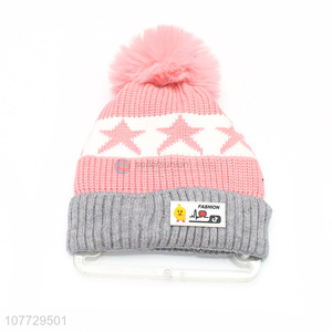 New products kids winter hat boys girls jacquard beanie with pompom