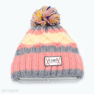 Top seller women winter hat ladies fleecy knitting beanie hat with pompom