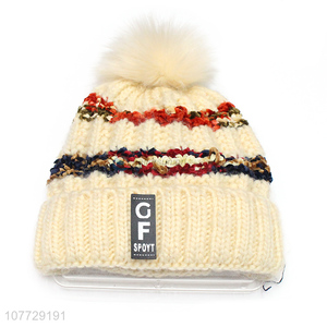 Best selling women fleece lining hat outdoor kitted beanie hat with pomppom