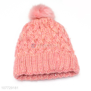 China manufacturer ladies knitting hat women winter fleece lined hat with pompom