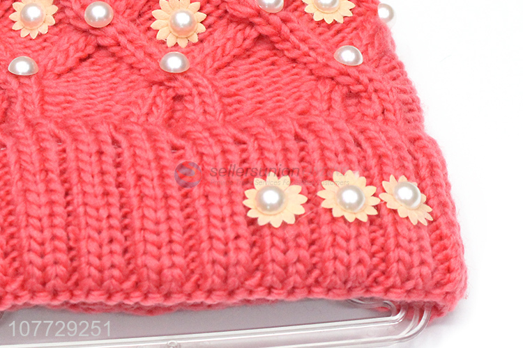 Hot selling women winter warm fleecy hat knitted beanie hat with pearls