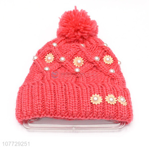 Hot selling women winter warm fleecy hat knitted beanie hat with pearls