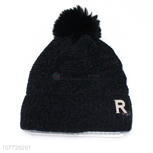 Recent product women winter knitting hat fleece lined beanie cap with pompom