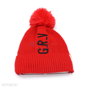 Wholesale women letter embroidery hat ladies winter fleece lined hat with pompom