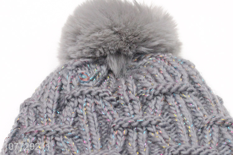 Hot products ladies winter knitting hat outdoor fleece lined hat with pompom