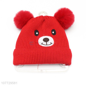 Factory price cute embroidery beanies children outdoor hat with pompom
