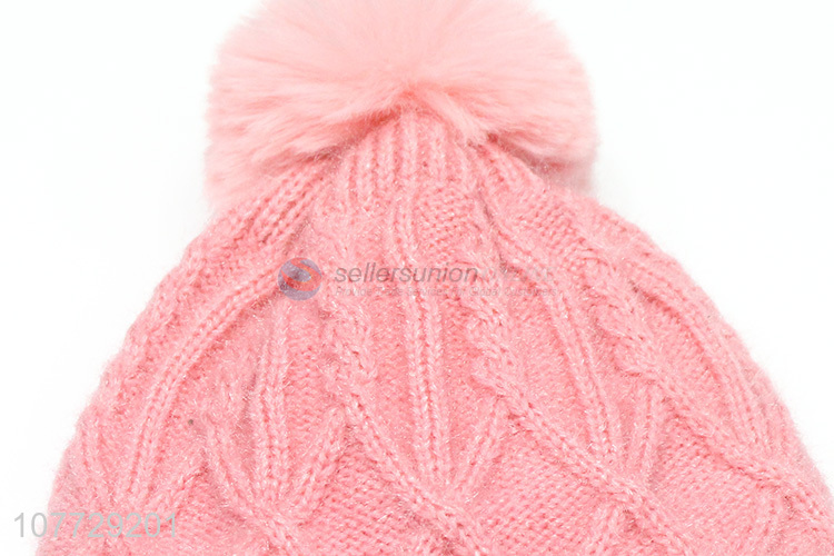 Wholesale autumn winter ladies hat knitted cap pompom hat with fleece lining