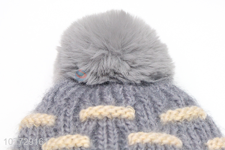 Hot selling women winter knitting hat fleece lined faux fur pompom hat