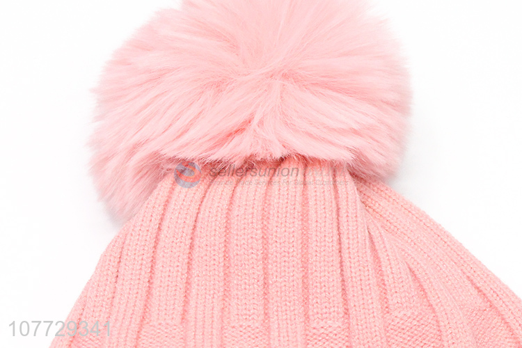 Hot sale women winter beanie hat ladies knitted hat with pompom