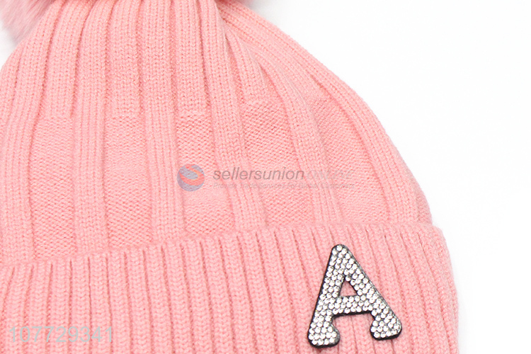 Hot sale women winter beanie hat ladies knitted hat with pompom