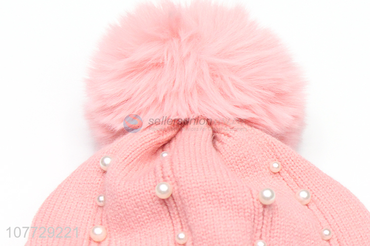 Factory price women winter fleece lined knitting hat pompom hat with pearls