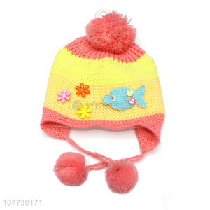 Good quality children earmuff hat toddler cuffed beanie with pompom