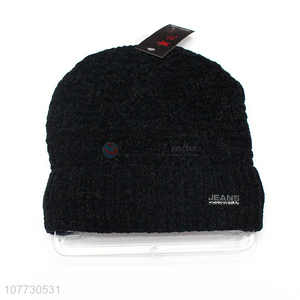 Hot sale men winter warm knitted beanie hat with fleece lining