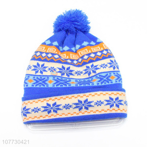 Low price kids jacquard beanie acrylic knitted hat with pompom