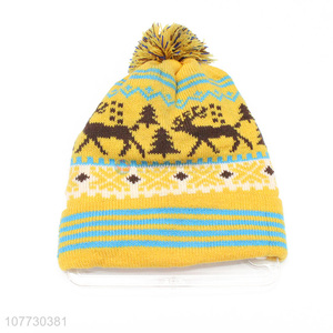 Good quality children winter pompom beanie toddler jacquard knitting cap
