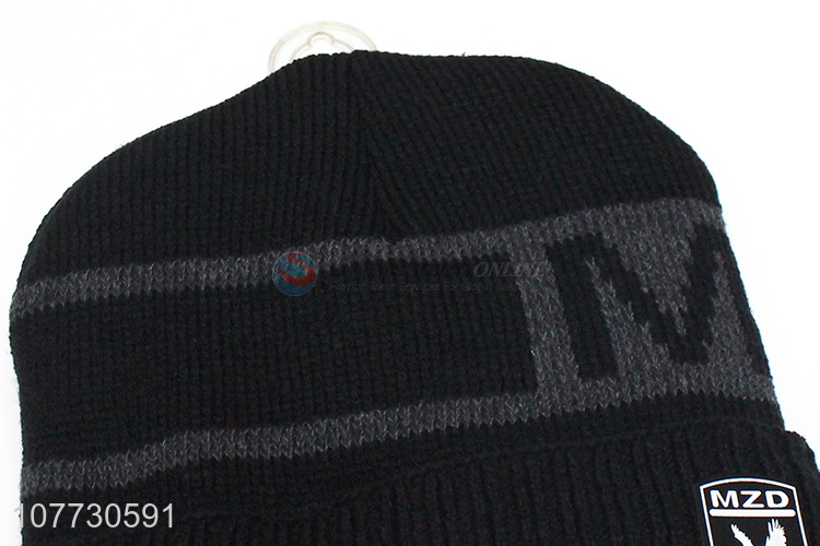 New arrival men winter jacquard knitted beanie hat with fleece lining