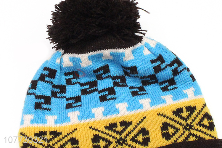 New design kids winter jacquard beanie knitted hat with pompom