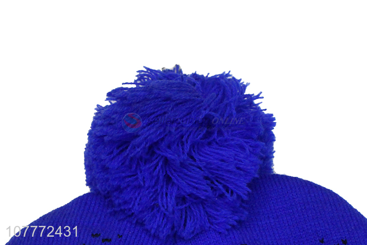 Good quality blue windproof knitted hat fur ball warm hat for men