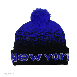 Good quality blue windproof knitted hat fur ball warm hat for men