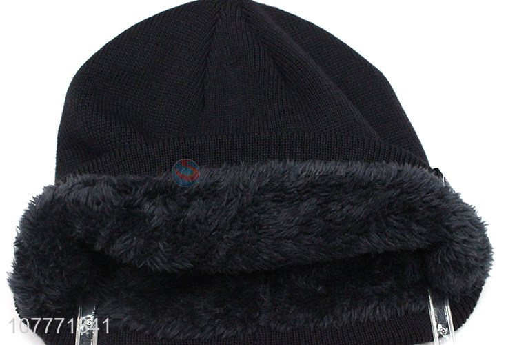 Winter simple pure black plus velvet sports cap knitted woolen cap