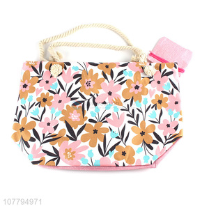 Fashion Flower Pattern Beach Bag Canvas Tote Bag With Coin Purse