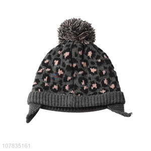 Hot product children lepoard jacquard knitted beanie winter earmuff hat