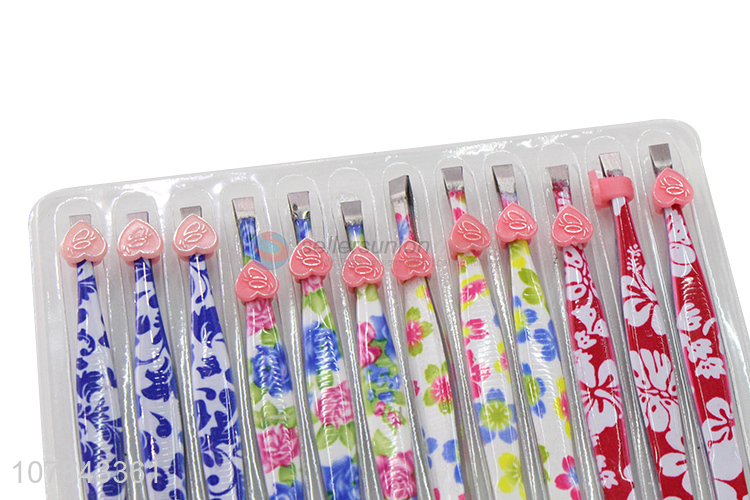 China wholesale flower printed stainless steel eyebrow tweezers  set