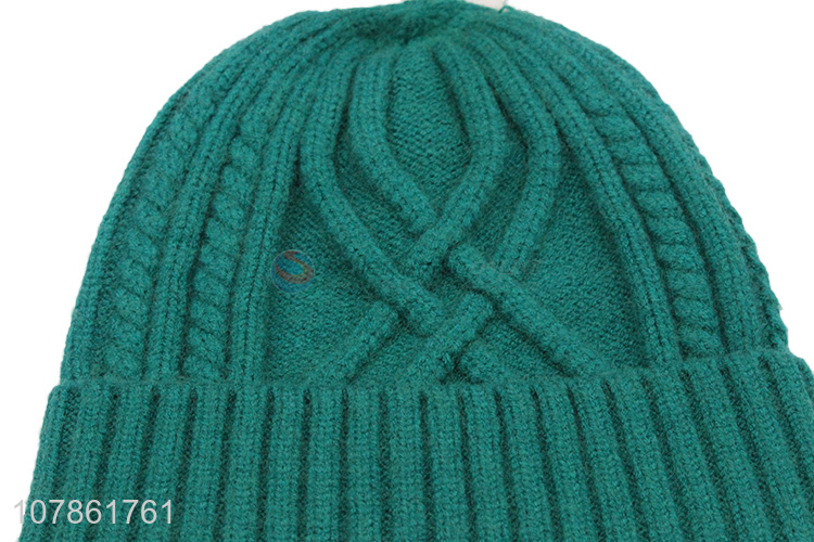 China wholesale green thick beanie cap knitted hat for winter