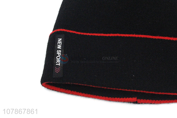 Factory direct sale black warm knitted hat outdoor sports melon leather hat