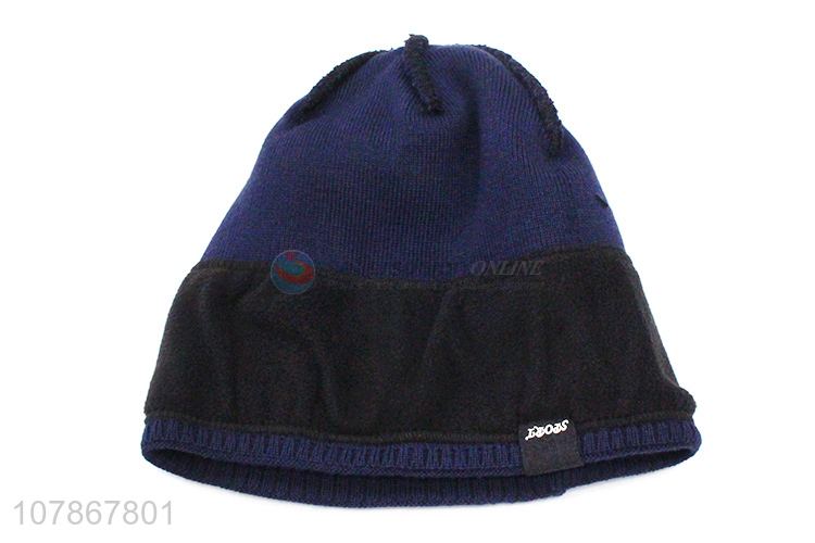 Hot sale blue winter cold protection knitted hat men's melon leather hat