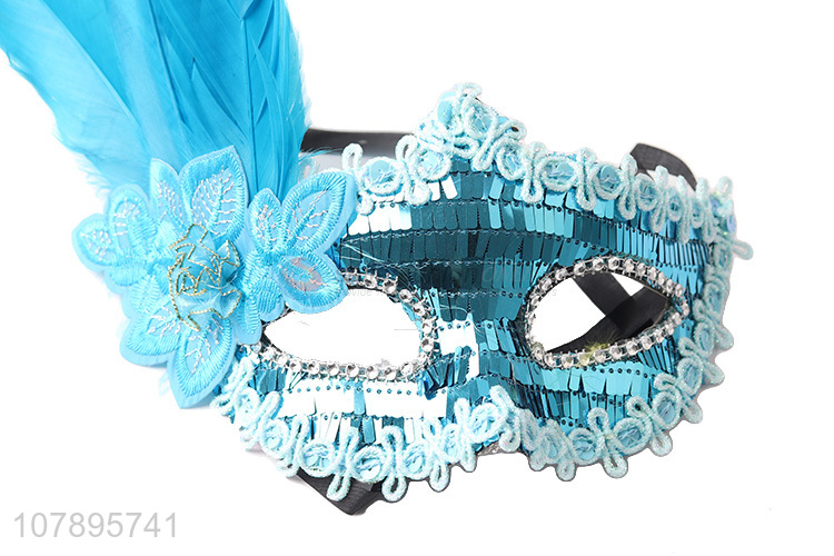 Best price blue half face party masks with feather wholesale