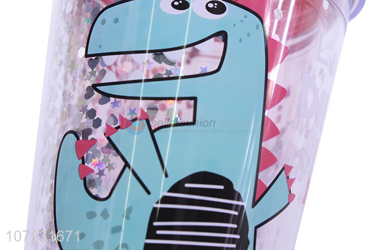 Wholesale cartoon dinosaur pattern plastic juice water coffee cup with straw