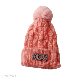 Low price trendy women autumn winter knitted beanie cap with rhinestone