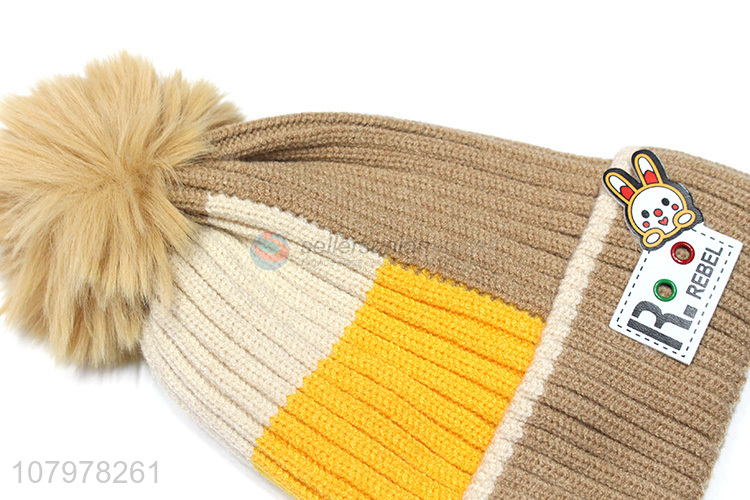 Online wholesale children winter warm pom pom beanie hat with fleece lining