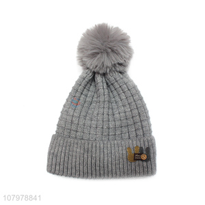 Hot selling children kids winter thickened knitted beanie hat with pom pom