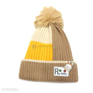 Online wholesale children winter warm pom pom beanie hat with fleece lining