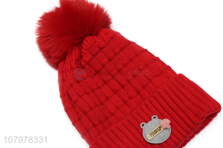 Recent design kids winter fleece lined knitted beanie cap with pom pom