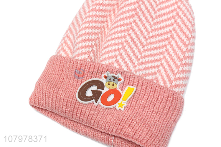Hot items kids winter knitted beanie fleece lined hat with pom pom