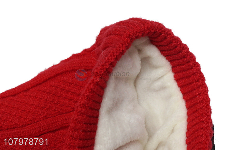 Good quality kids winter fleece lined beanie knit hat with double pom poms