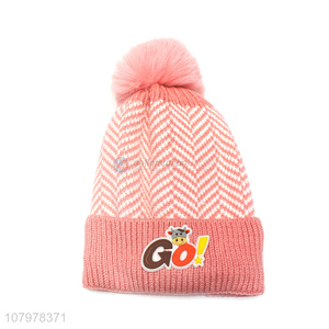 Hot items kids winter knitted beanie fleece lined hat with pom pom
