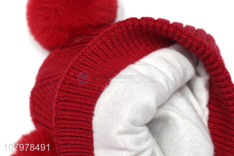 Wholesale kids fleece lined beanies winter jacquard hat with double pompoms