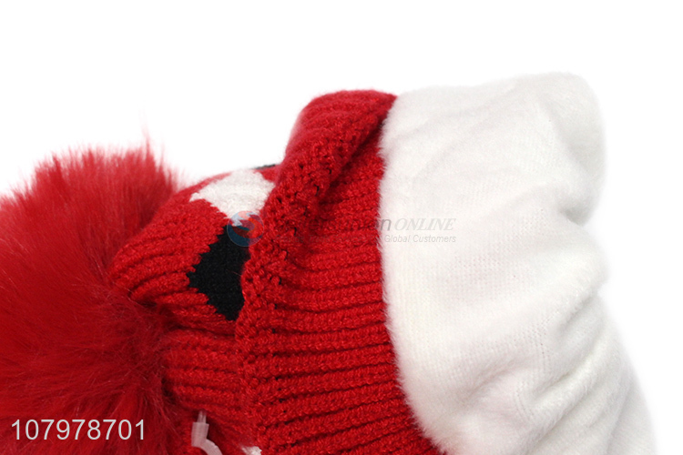 New hot sale kids winter fleece lined knitted beanie with faux fur pom pom