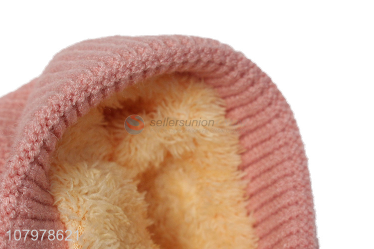 Yiwu market kids winter fleece lined knitted beanie cap with pom poms