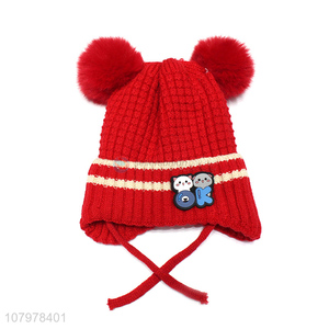 New arrival kids winter warm pom pom earmuff hat with fleece lining