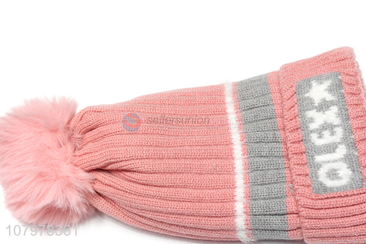 China supplier children pom pom hat winter knitted beanie with fleece lining