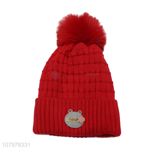 Recent design kids winter fleece lined knitted beanie cap with pom pom