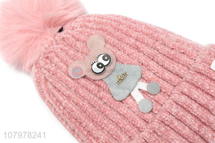 New arrival children winter knitted beanie fleece lined hat with pom pom