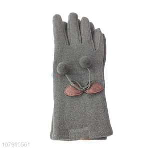 Custom Short Plush Lining Ladies Warm Gloves With Bow Design