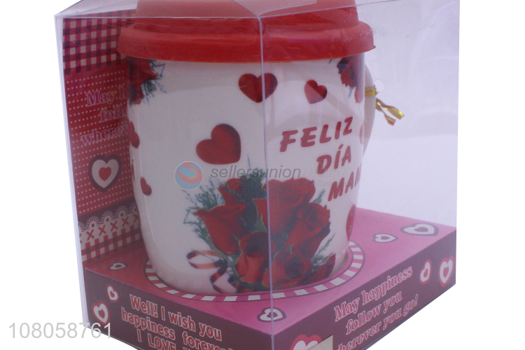 Fashion Printing Ceramic Mug With Spoon And Lid